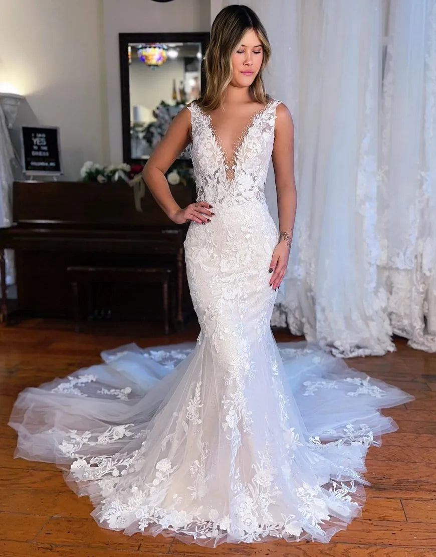 Mermaid Deep V Neck Train Wedding Dress With Appliques Sexy Long