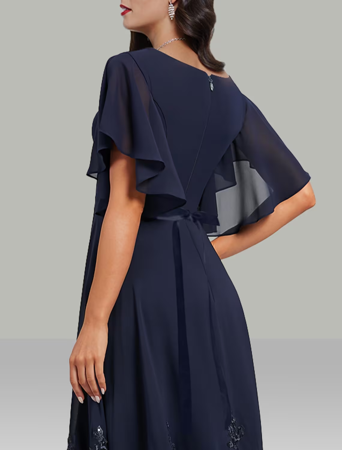 A-Line Wedding Guest Dresses Elegant Dress Cocktail Party Tea Length Short Sleeve V Neck Belt / Sash Chiffon with Rhinestone Glitter