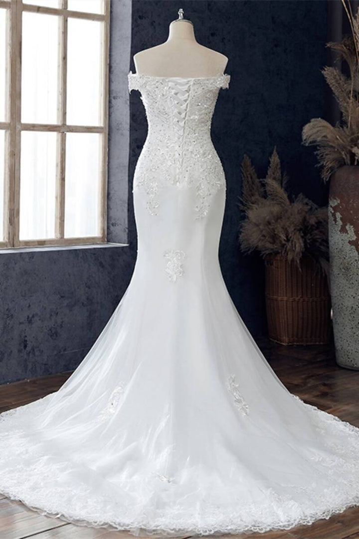 White Beaded Embroidered Off-the-Shoulder Wedding Dress Beautiful