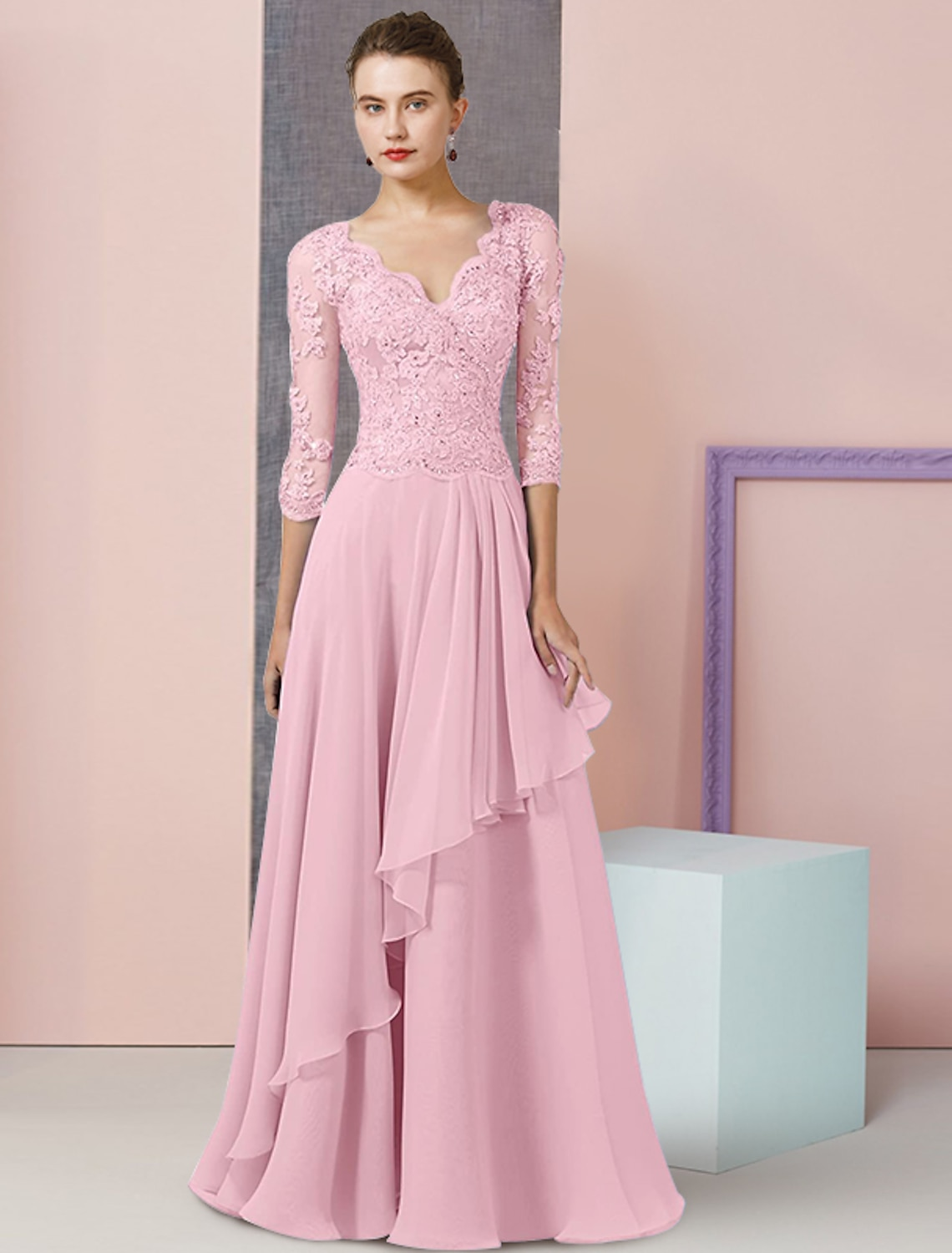 A-Line Mother of the Bride Dress Formal Wedding Guest Vintage Elegant V Neck Floor Length Chiffon Lace Half Sleeve with Beading Sequin