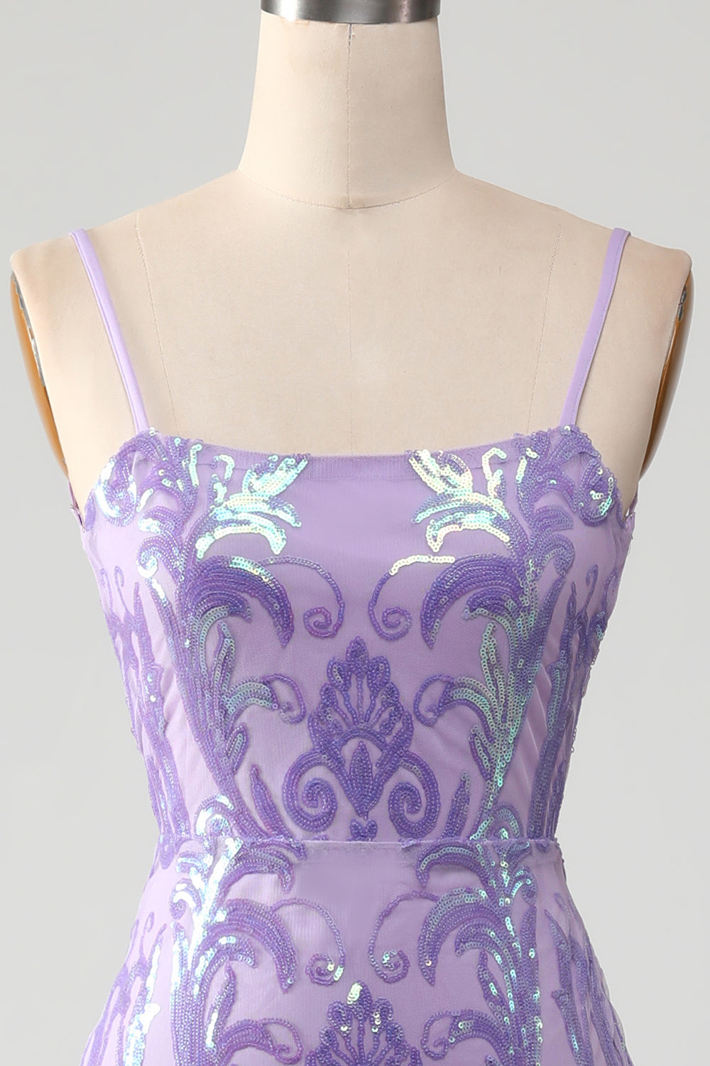 Light Purple Spaghetti Straps Sparkly Sequin Backless Prom Dress Beautiful Long