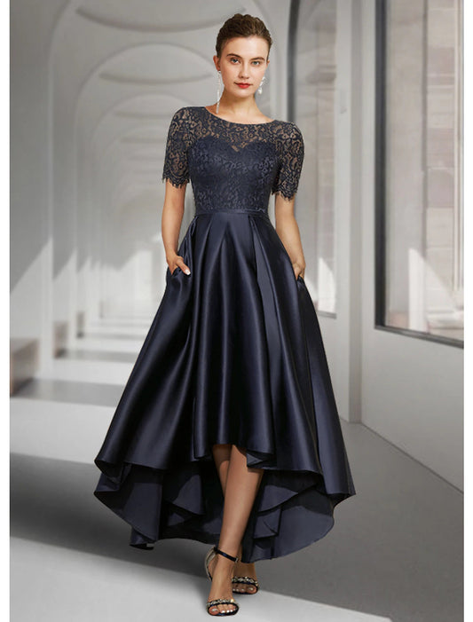 A-Line Mother of the Bride Dress Wedding Guest Elegant High Low Scoop Neck Asymmetrical Tea Length Satin Lace Short Sleeve