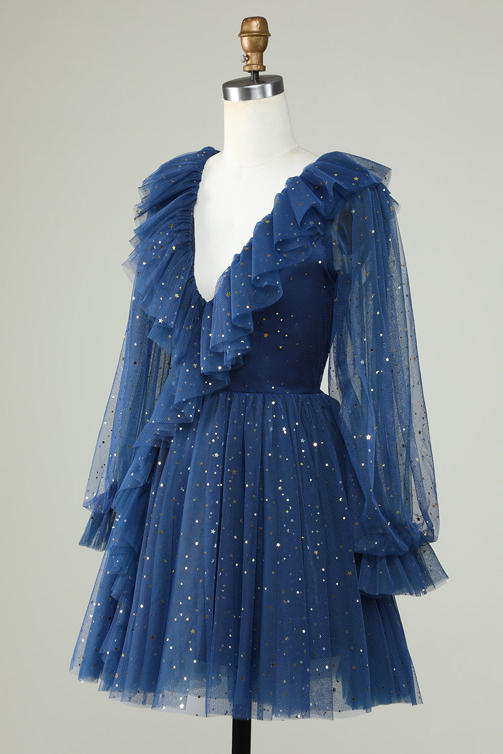 Long Sleeves A Line Navy Homecoming Dress With Ruffles V-neck