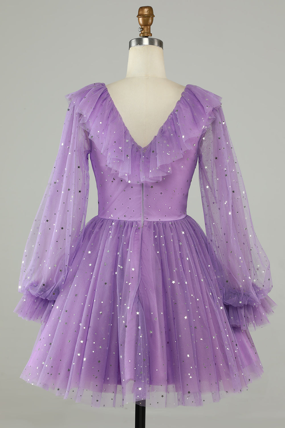 Long Sleeves Purple Sparkly Homecoming Dress With Stars Sequins V-neck