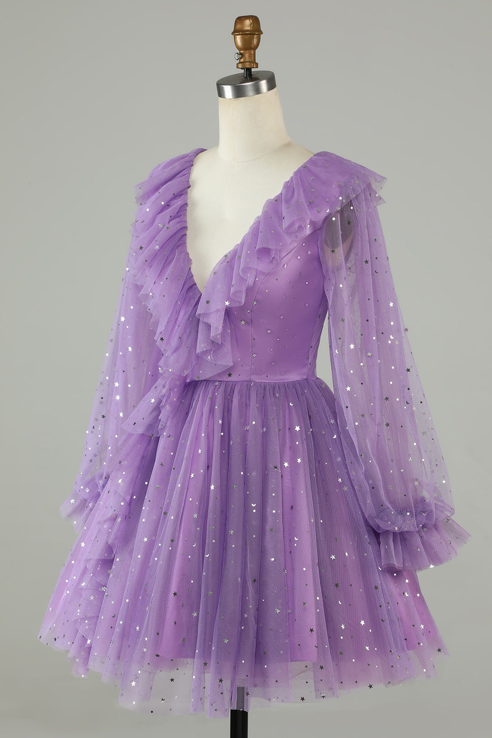 Long Sleeves Purple Sparkly Homecoming Dress With Stars Sequins V-neck