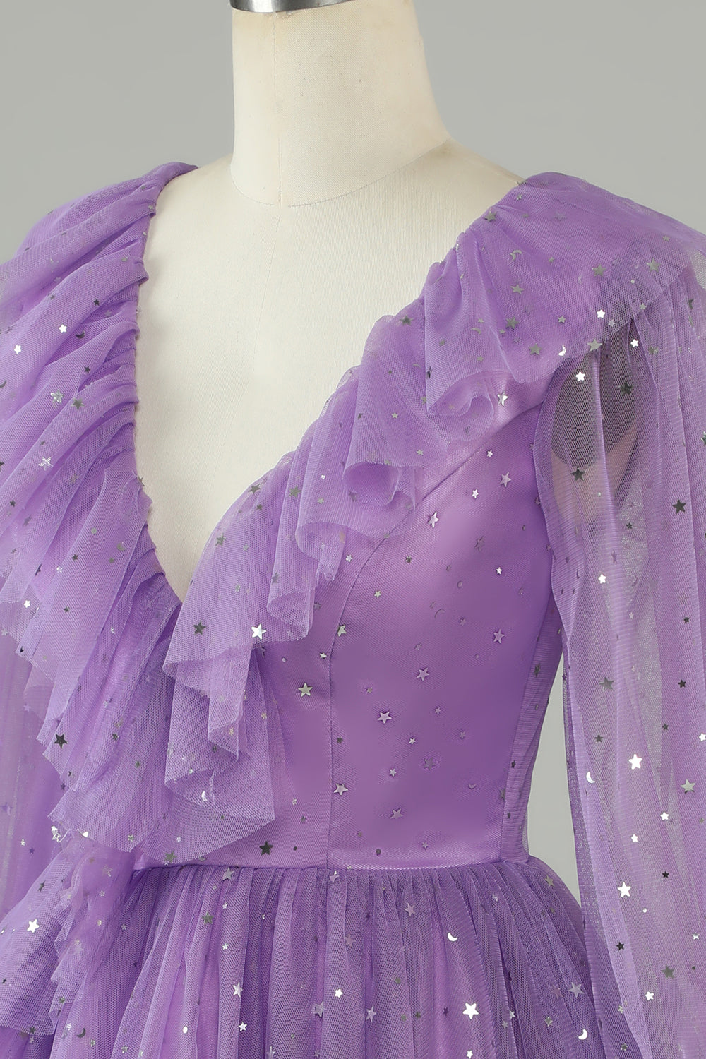 Long Sleeves Purple Sparkly Homecoming Dress With Stars Sequins V-neck