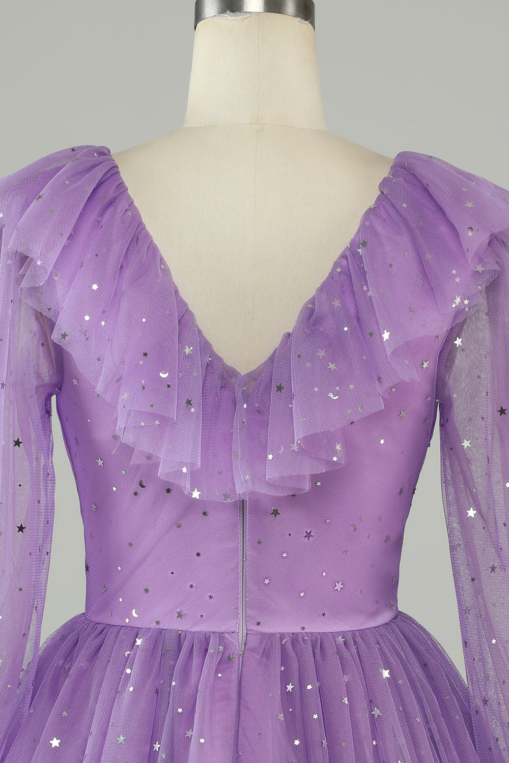 Long Sleeves Purple Sparkly Homecoming Dress With Stars Sequins V-neck