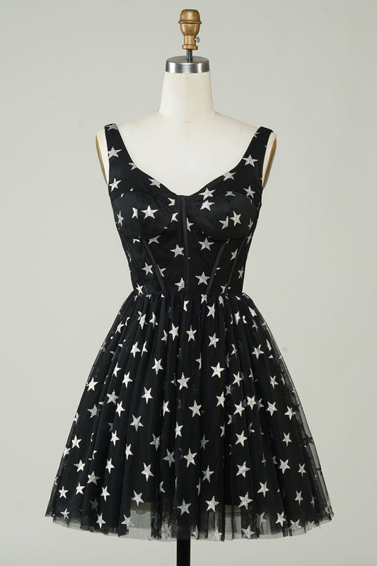 Black A Line Tulle Homecoming Dress With Stars V-neck