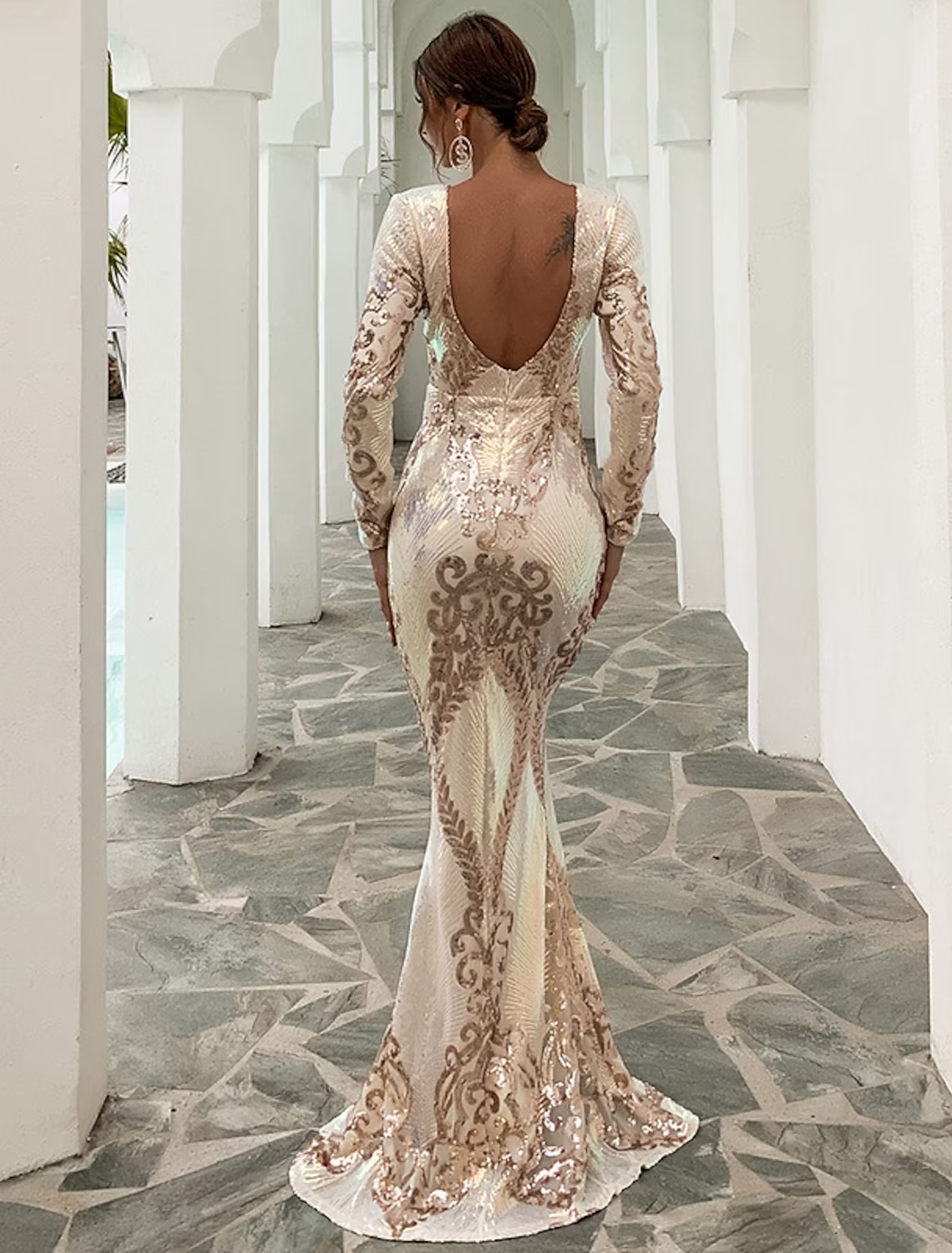 Mermaid / Trumpet Evening Gown Sexy Dress Formal Sweep / Brush Train Long Sleeve Jewel Neck Polyester Backless
