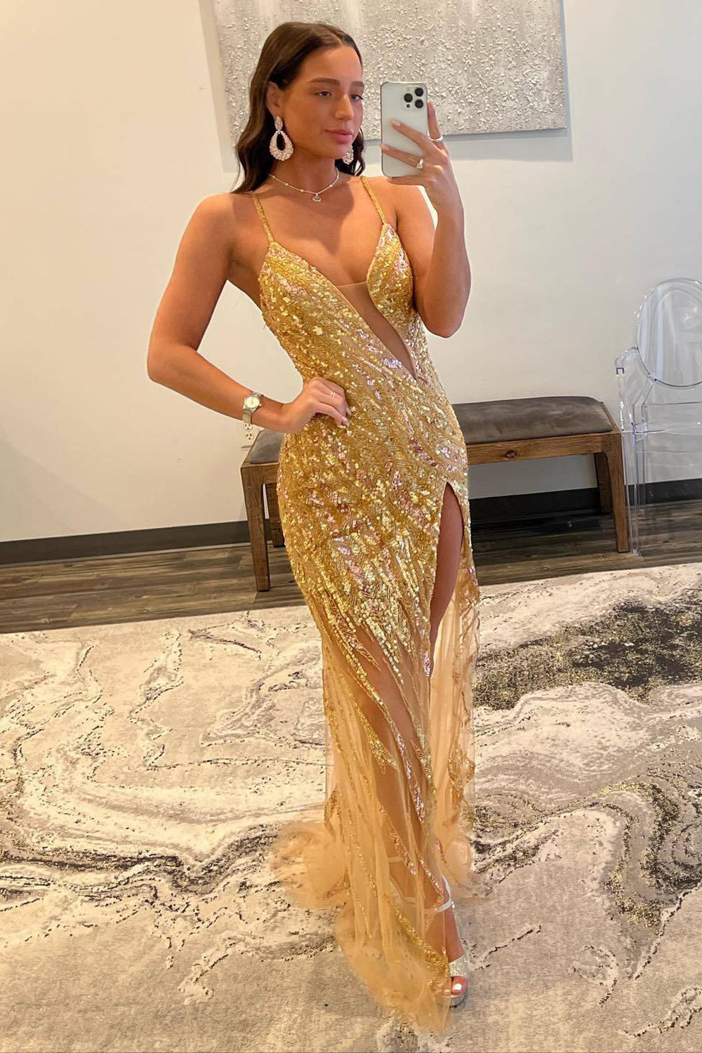 Sparkly Gold Beaded Mermaid Long Prom Dress with Slit Sexy Evening Dresses