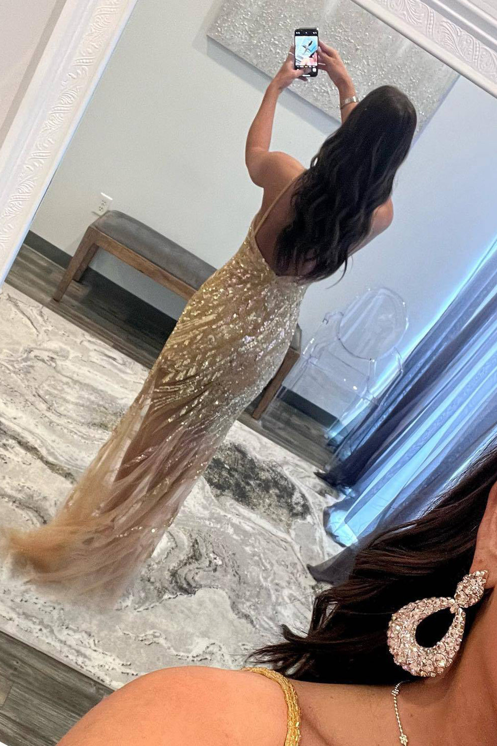 Sparkly Gold Beaded Mermaid Long Prom Dress with Slit Sexy Evening Dresses