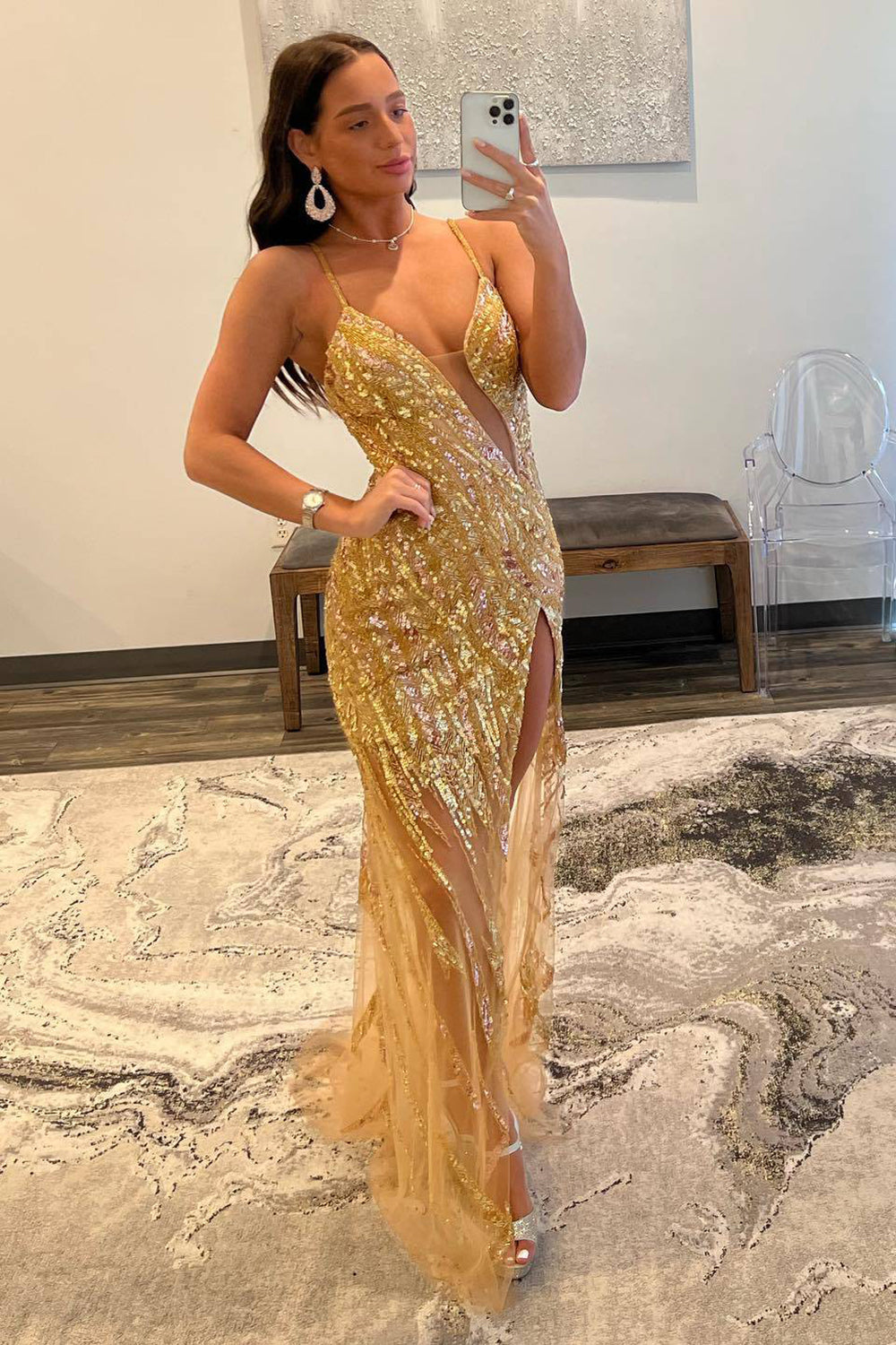 Sparkly Gold Beaded Mermaid Long Prom Dress with Slit Sexy Evening Dresses