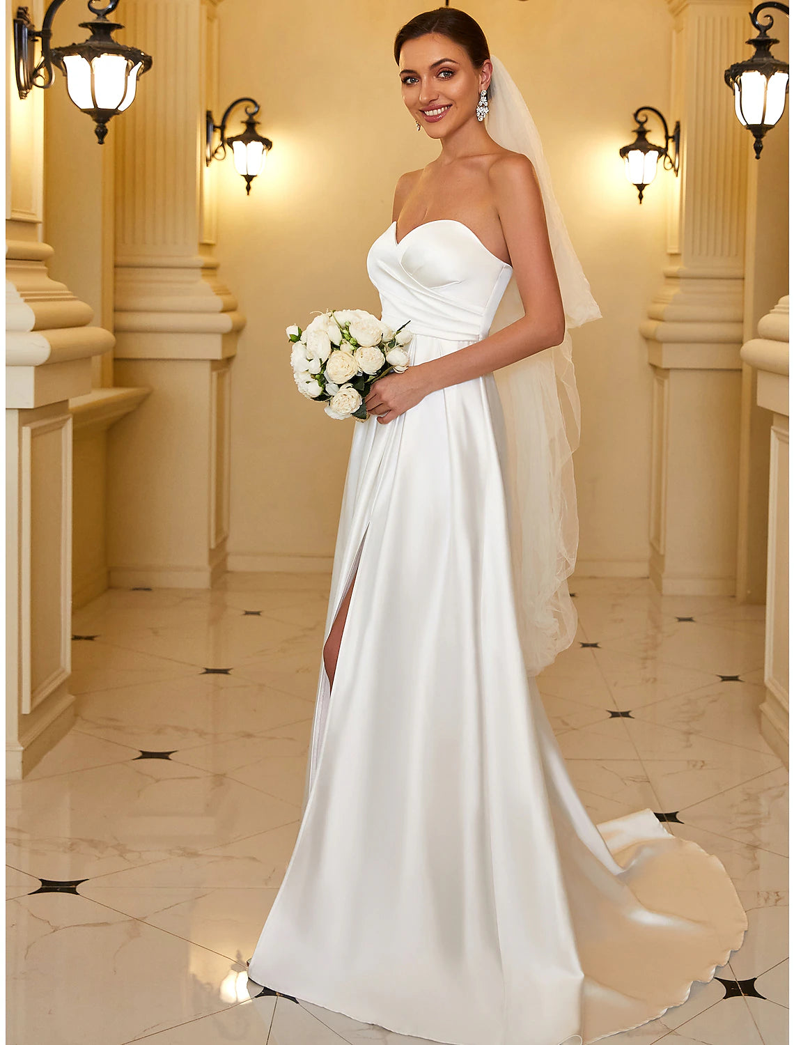 A-Line Evening Gown Minimalist Dress Wedding Guest Floor Length Sleeveless Strapless Satin Backless with Sleek