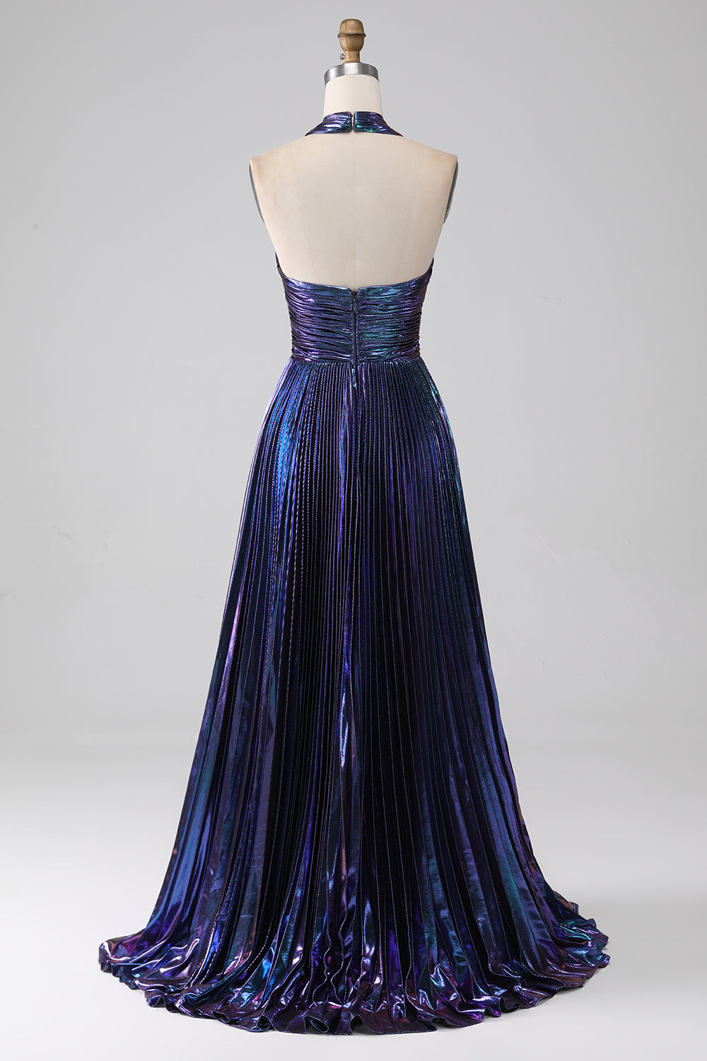 Sparkly Purple A-Line Halter Pleated Prom Dress with Slit Sexy Evening Dresses