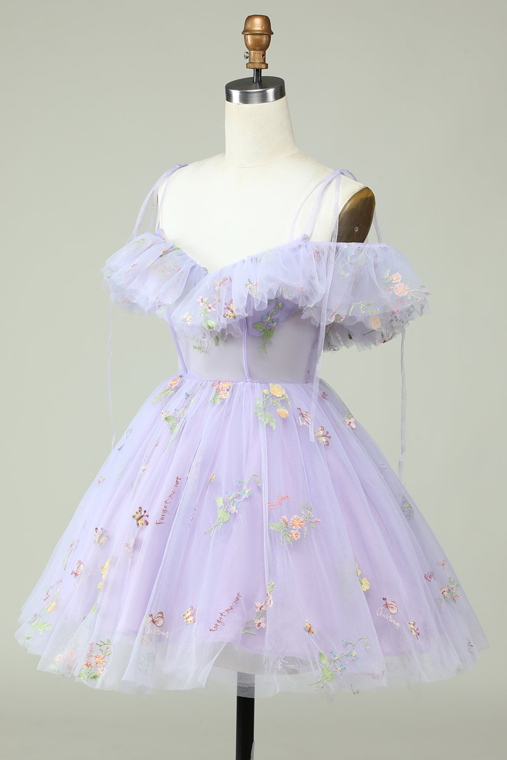 Off The Shoulder Lavender Embroidery Homecoming Dress With Ruffles Short