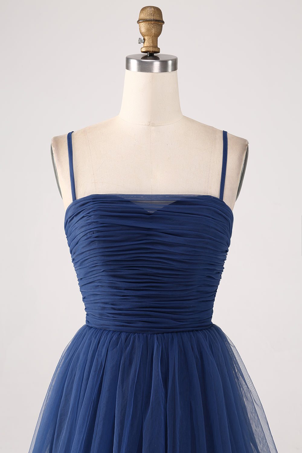Navy A Line Spaghetti Straps Tulle Pleated Floor Length Bridesmaid Dress With Slit Beautiful