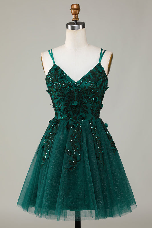 Dark Green Stylish A Line Spaghetti Straps Short Homecoming Dress with Beading Sexy