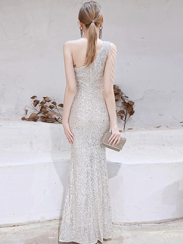 Mermaid / Trumpet Evening Gown Sparkle Dress Wedding Guest Floor Length Sleeveless One Shoulder Sequined