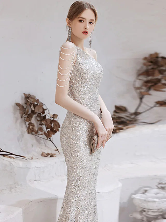 Mermaid / Trumpet Evening Gown Sparkle Dress Wedding Guest Floor Length Sleeveless One Shoulder Sequined