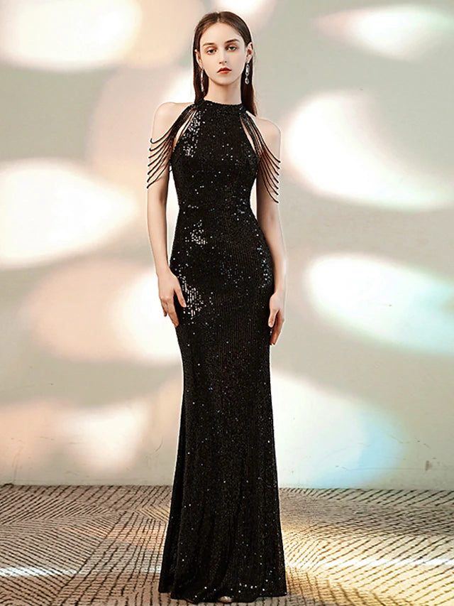 Mermaid / Trumpet Evening Gown Sparkle Dress Party Wear Floor Length Sleeveless Halter Sequined with Beading