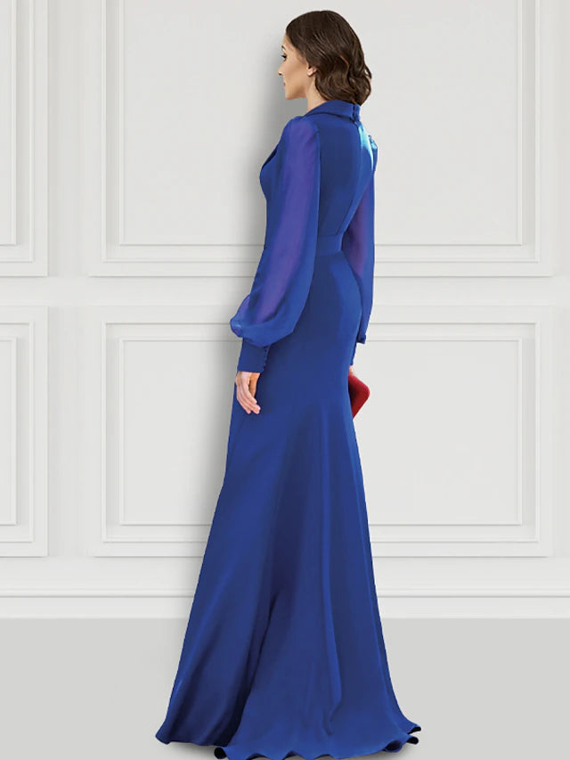 Mermaid / Trumpet Evening Gown Elegant Dress Formal Sweep / Brush Train Long Sleeve V Neck Belt / Sash Stretch Fabric with Buttons