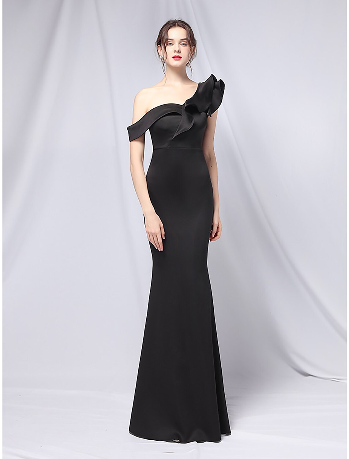 Mermaid / Trumpet Evening Gown Empire Dress Wedding Guest Floor Length Short Sleeve One Shoulder Stretch Satin