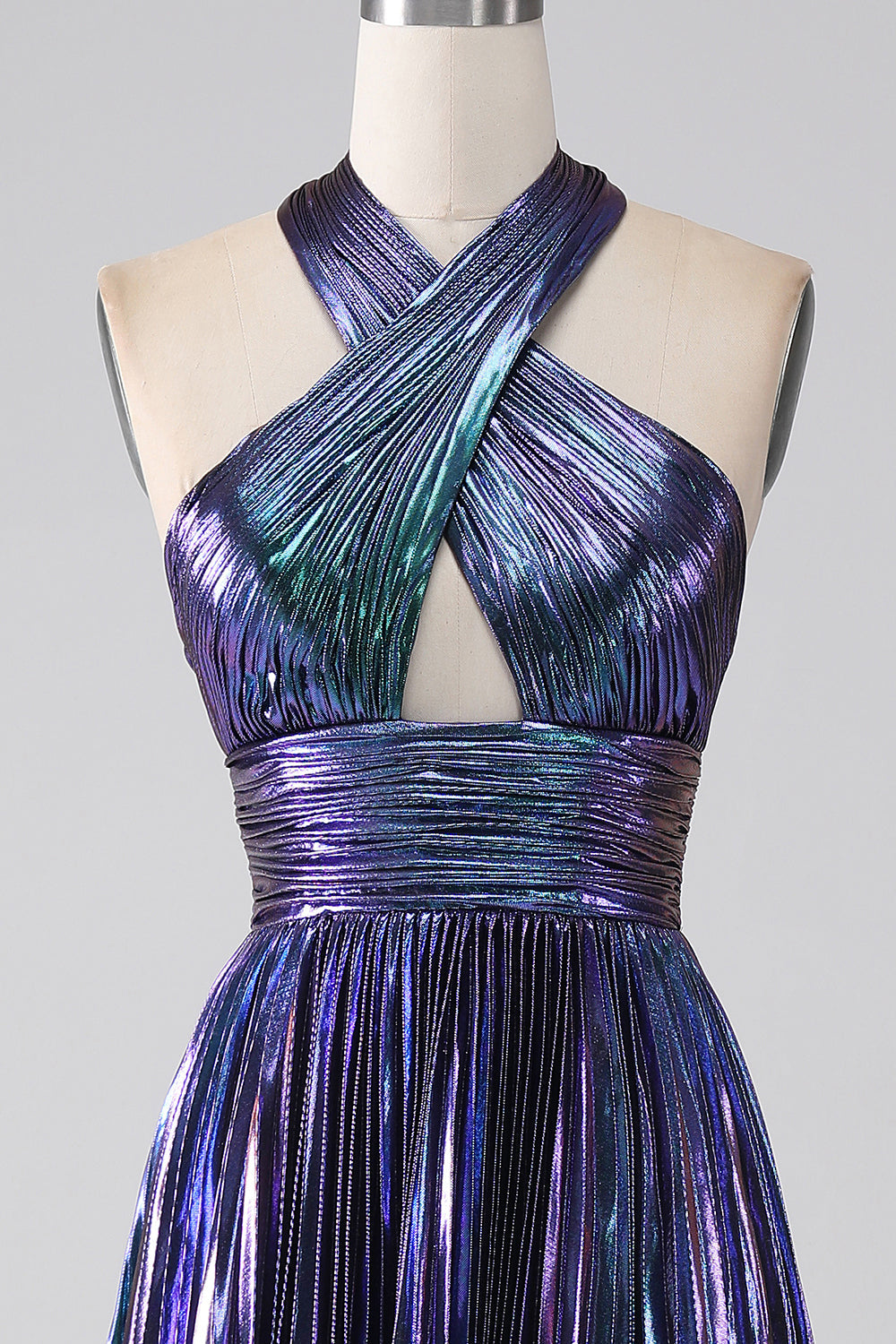 Sparkly Purple A-Line Halter Pleated Prom Dress with Slit Sexy Evening Dresses