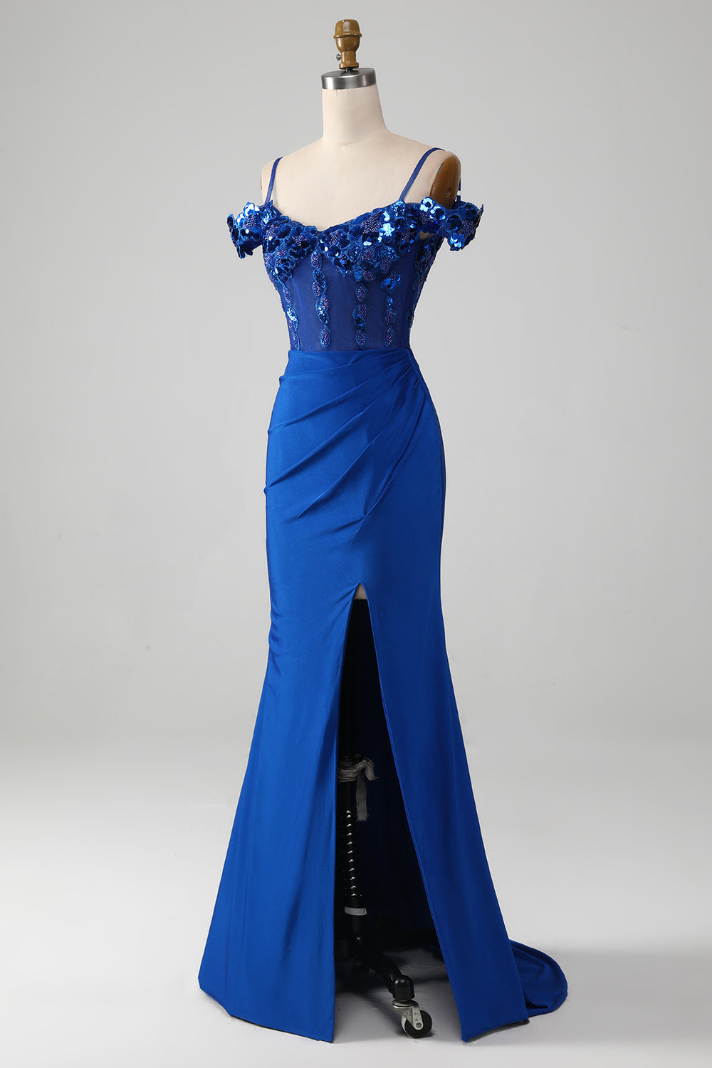 Royal Blue Mermaid Spaghetti Straps Beaded Corset Prom Dress with Slit Sexy Evening Dresses