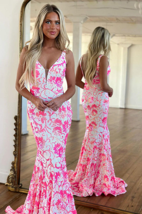 Pink V Neck Sequin Lace Mermaid Prom Dress V-neck Sexy