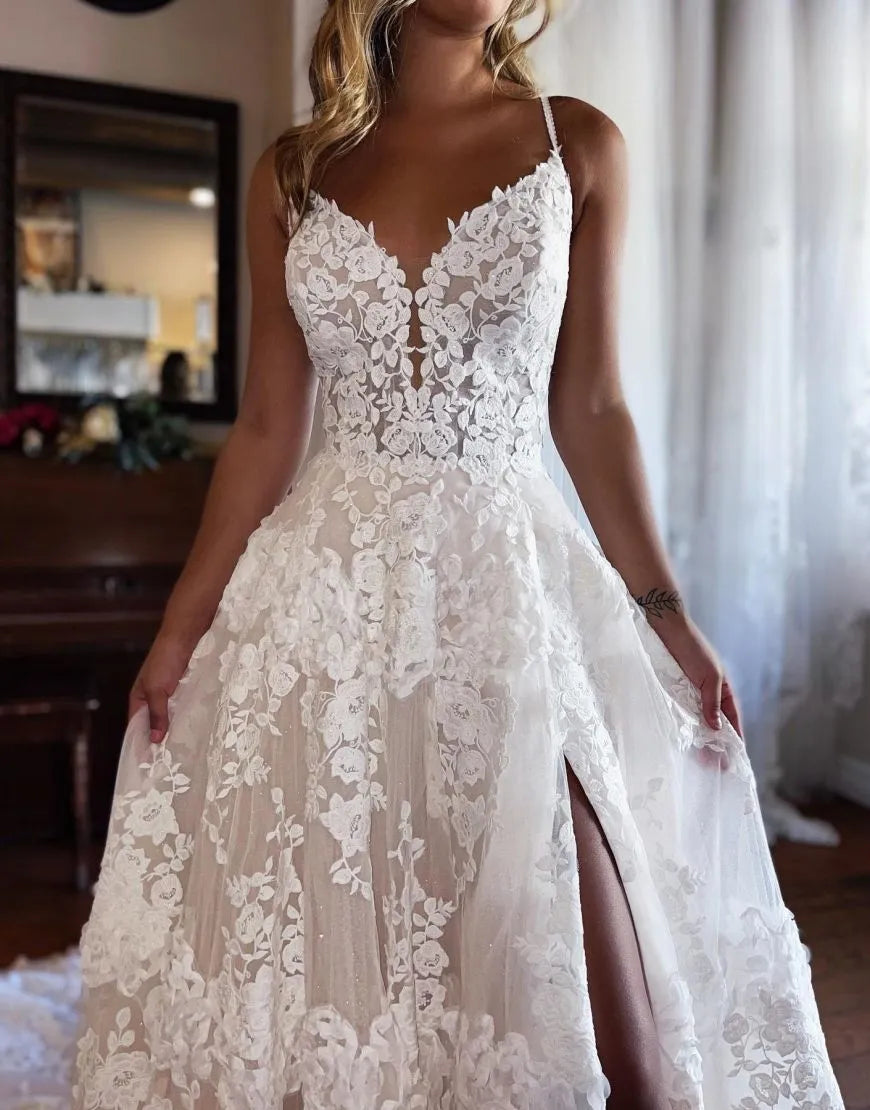 A-Line Spaghetti Lace Wedding Dress With Split V-neck Sexy