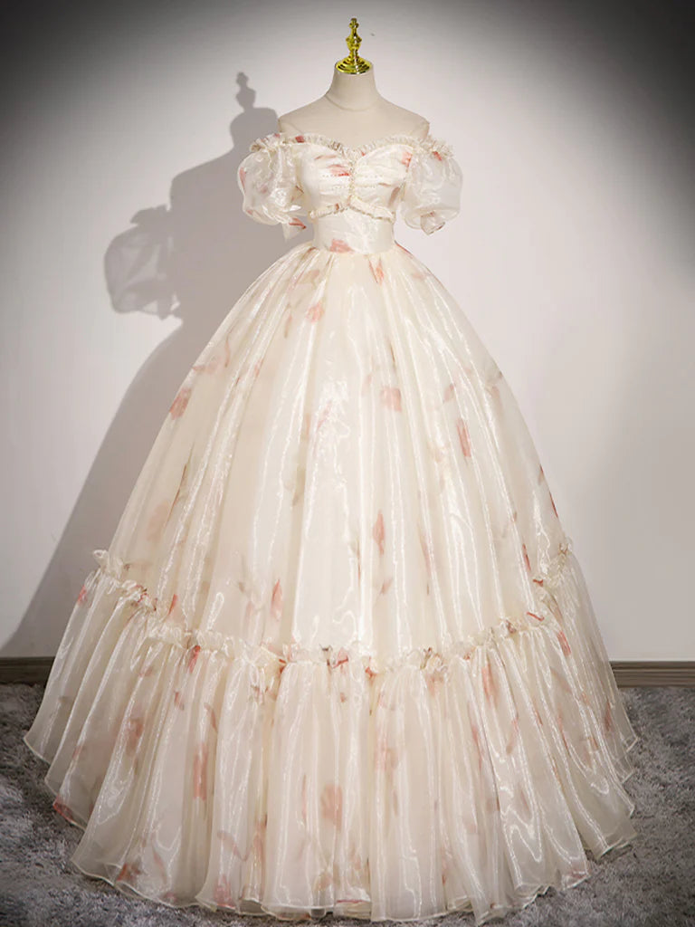 A Line Off Shoulder Short Sleeves Sweetheart Neck Tulle Charming Long Prom Dress