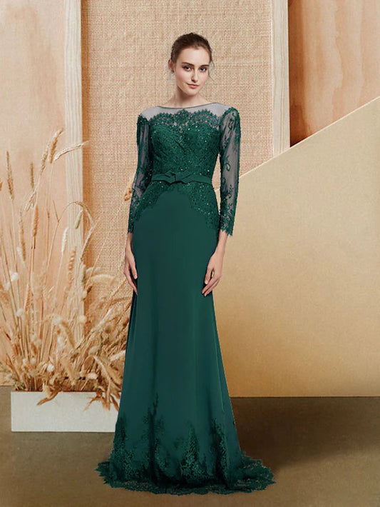 Mermaid / Trumpet Evening Gown Luxurious Dress Wedding Guest Sweep / Brush Train Long Sleeve Jewel Neck Chiffon with Bow(s) Sequin