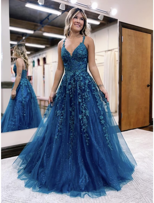Ball Gown A-Line Prom Dresses Sparkle & Shine Dress Formal Floor Length Sleeveless V Neck Tulle Backless