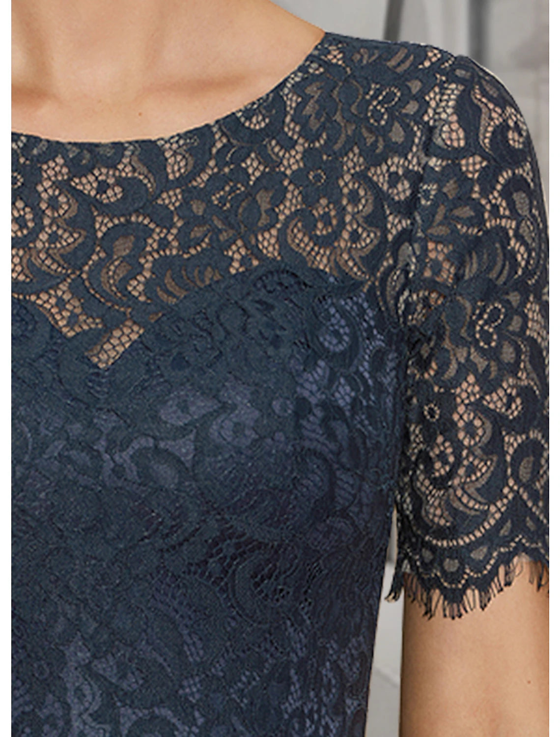 A-Line Mother of the Bride Dress Wedding Guest Elegant High Low Scoop Neck Asymmetrical Tea Length Satin Lace Short Sleeve