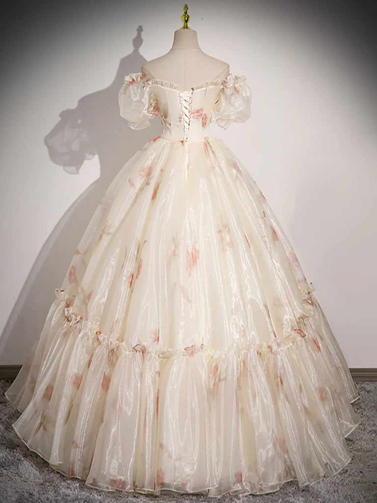 A Line Off Shoulder Short Sleeves Sweetheart Neck Tulle Charming Long Prom Dress