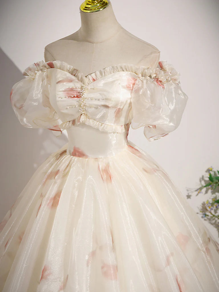 A Line Off Shoulder Short Sleeves Sweetheart Neck Tulle Charming Long Prom Dress