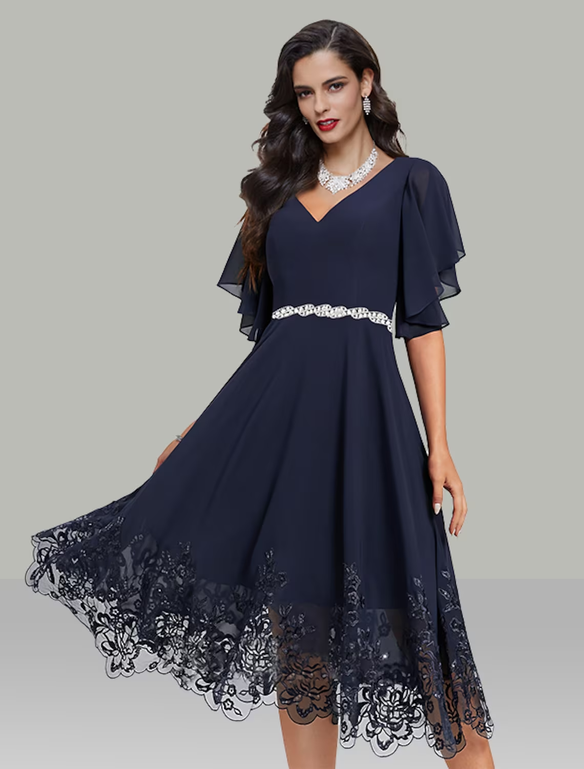 A-Line Wedding Guest Dresses Elegant Dress Cocktail Party Tea Length Short Sleeve V Neck Belt / Sash Chiffon with Rhinestone Glitter