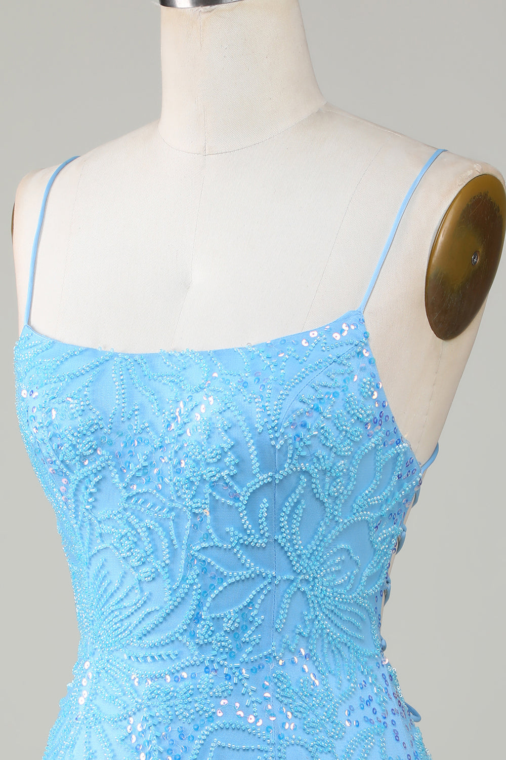 Sparkly Blue Spaghetti Straps Tight Short Homecoming Dress With Beading Sexy