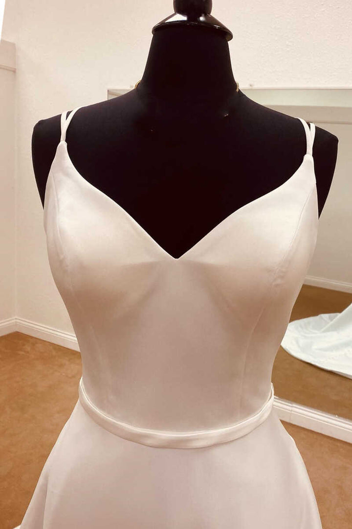 Elegant Satin Spaghetti Straps Backless Long Wedding Dress V-neck