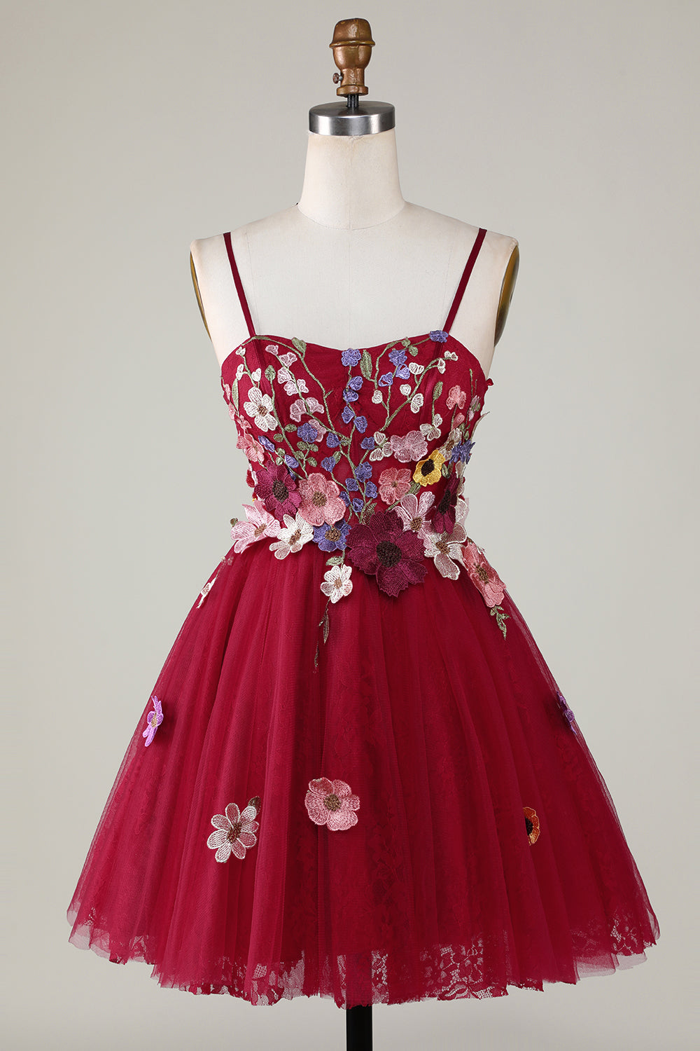 Gorgeous A Line Spaghetti Straps Burgundy Short Homecoming Dress With 3D Flowers Beautiful