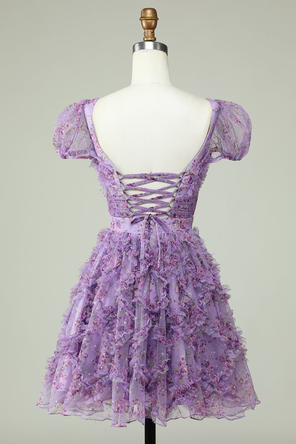 Floral Purple Homecoming Dress With Ruffles Short