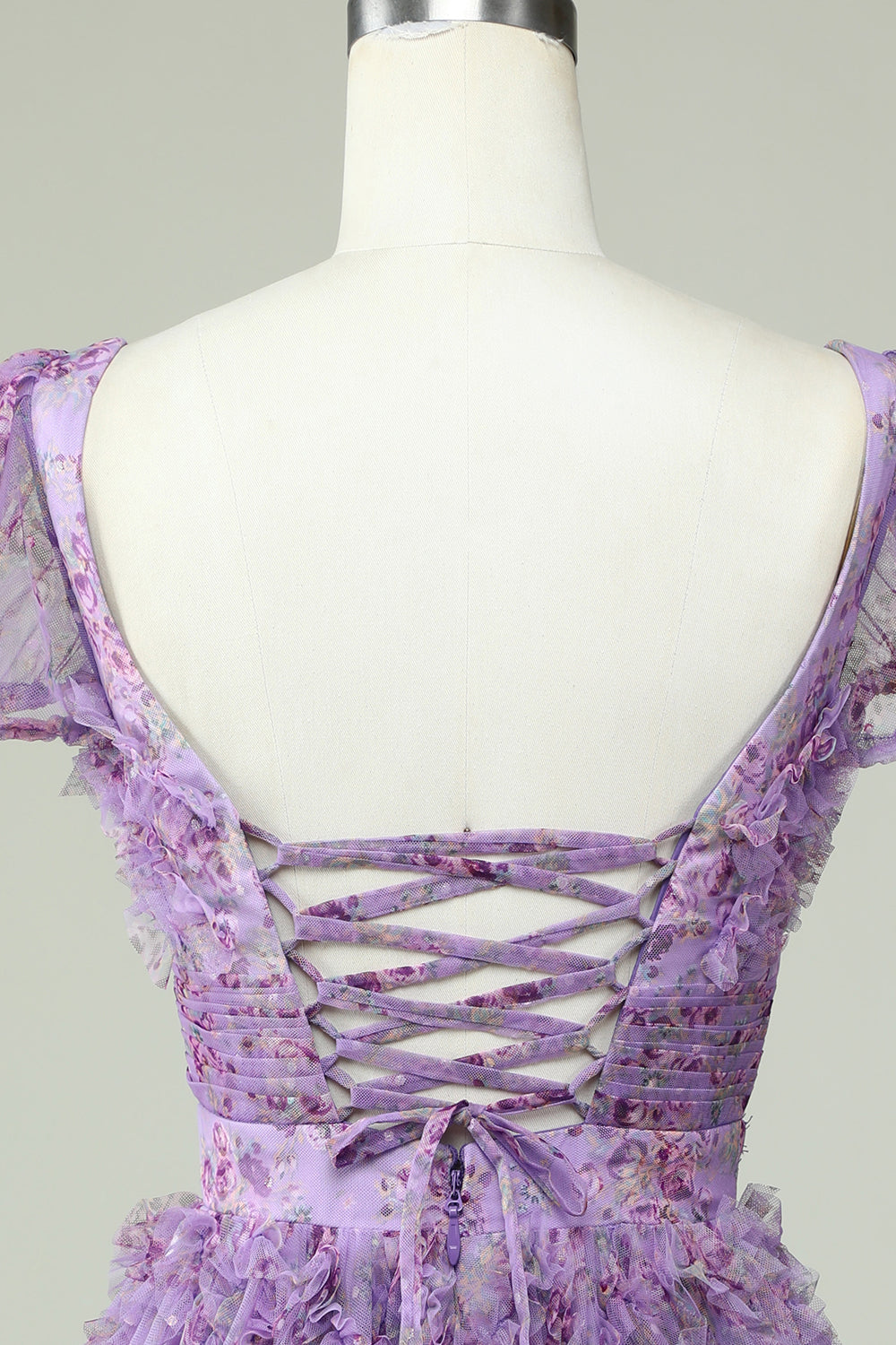 Floral Purple Homecoming Dress With Ruffles Short