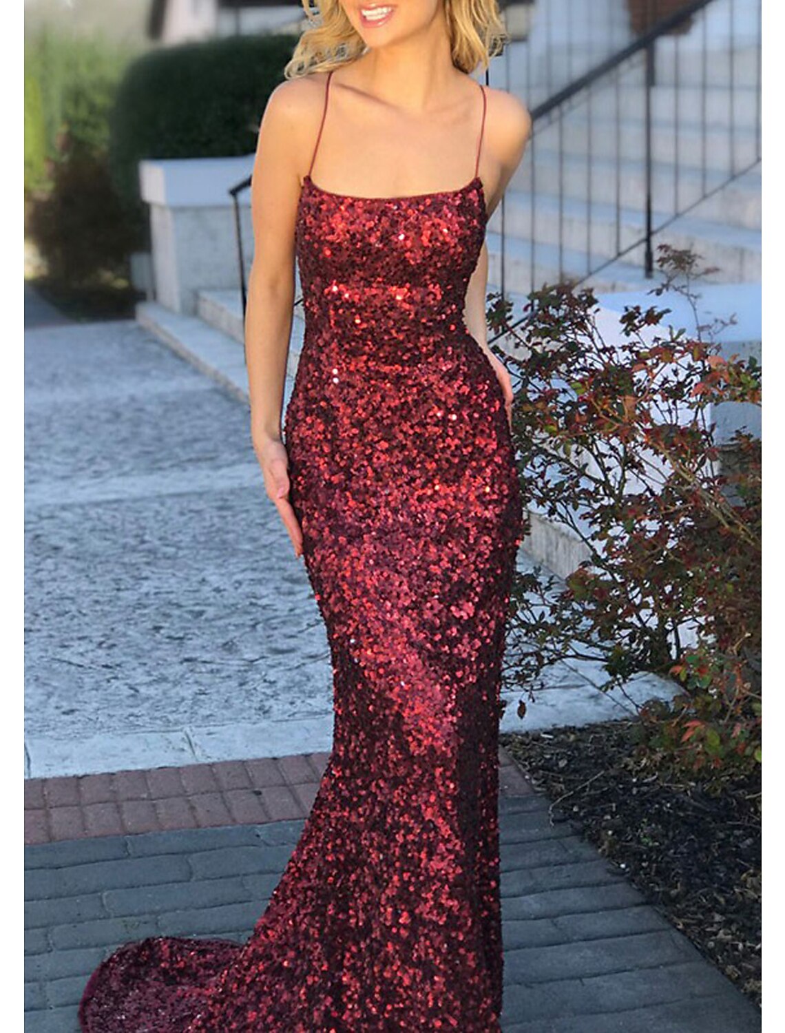 Sheath/Column Square Neckline Sleeveless Sweep Train Sequined Dress Evening Dresses