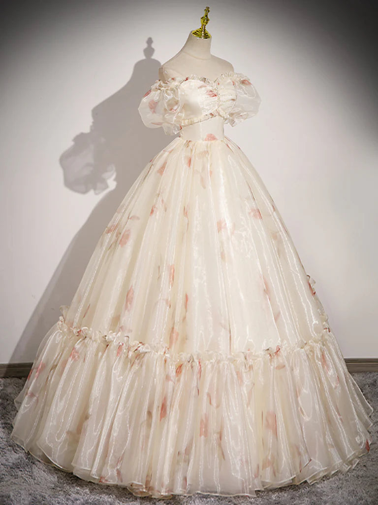 A Line Off Shoulder Short Sleeves Sweetheart Neck Tulle Charming Long Prom Dress