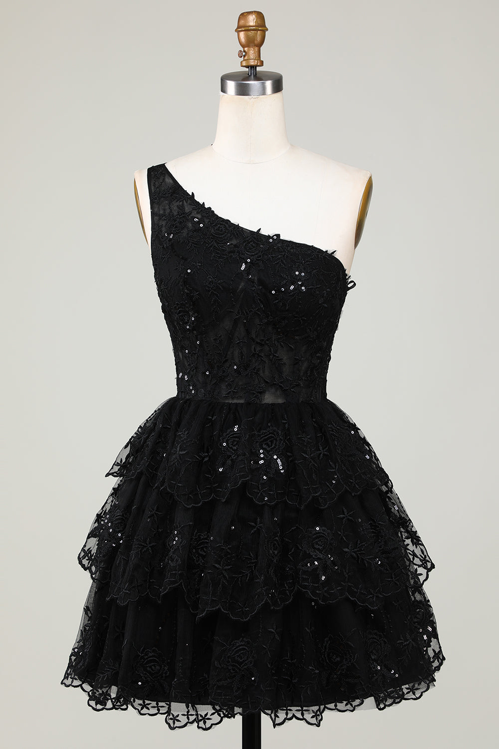 Glitter Black One Shoulder Homecoming Dress With Appliques Short