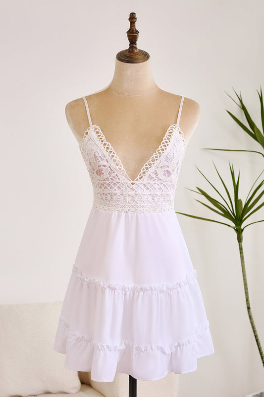Cute A Line Lace Suspender Patchwork Backless Bow White Short Graduation Dress Pure Color