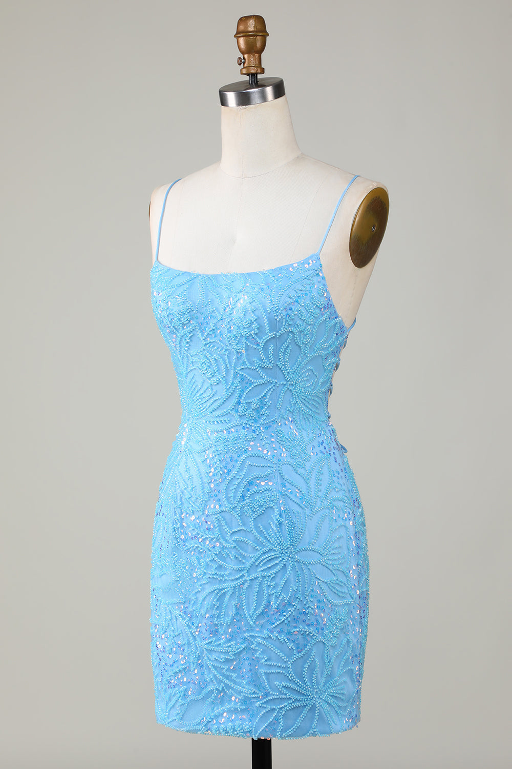 Sparkly Blue Spaghetti Straps Tight Short Homecoming Dress With Beading Sexy
