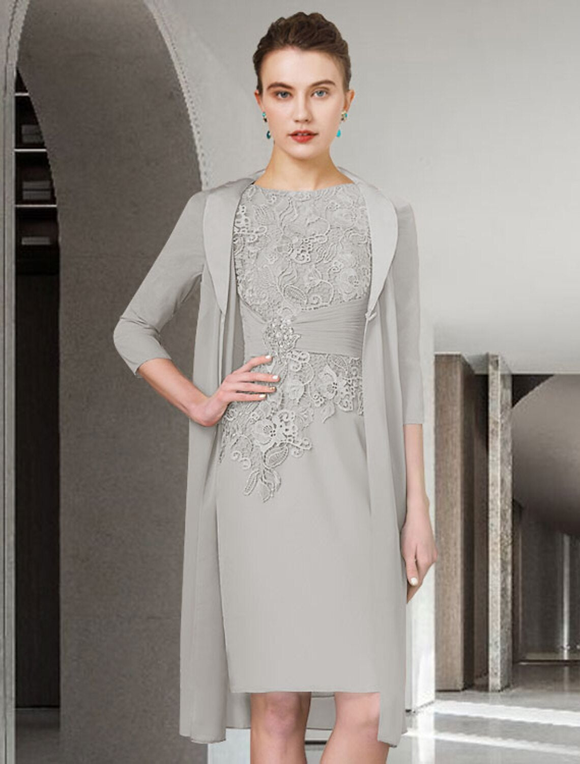 Two Piece Sheath / Column Mother of the Bride Dress Fall Wedding Guest Church Plus Size Elegant Jewel Neck Knee Length Chiffon Lace Half Sleeve Wrap Included Jacket Dresses