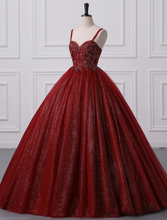 Ball Gown Prom Dresses Princess Dress Graduation Quinceanera Floor Length Sleeveless Spaghetti Strap Lace with Beading