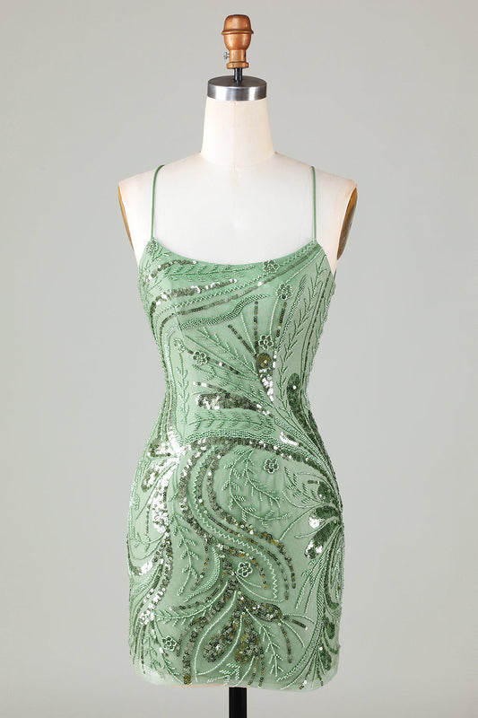 Sparkly Spaghetti Straps Green Homecoming Dress With Beading Short